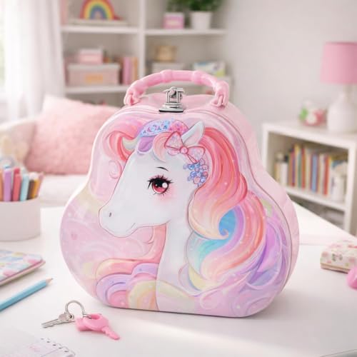 Unicorn Desenli Kilitli Metal Kumbara - Çocuklar için Saplı Taşıma Çantası, Takı, Sır ve Eşya Saklama Kutusu, Anahtarlı Hediyelik Kumbara Çanta Asorti Renk