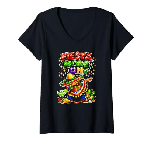 Women's Fiesta Mode On Shirt Funny Dab Sombrero Party Taco Margarita V-Neck T-Shirt