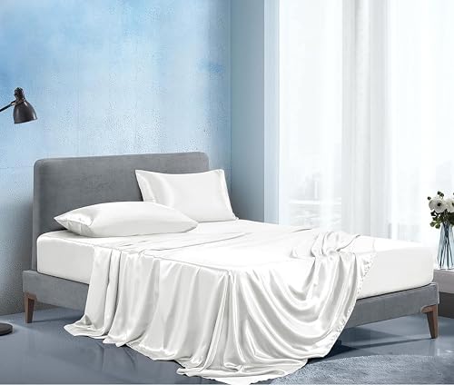 Image of Soft and Silk Satin Bedsheet for Single Bed - 400 TC Romantic Bedsheet Set for Bedroom | Bridal Wedding Bedsheet with Pillow Cover | Ideal for Gifting White, Single Bed