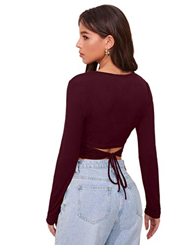 Floerns Women s Plain Back Tie Long Sleeve Crop Top T-Shirt Maroon M