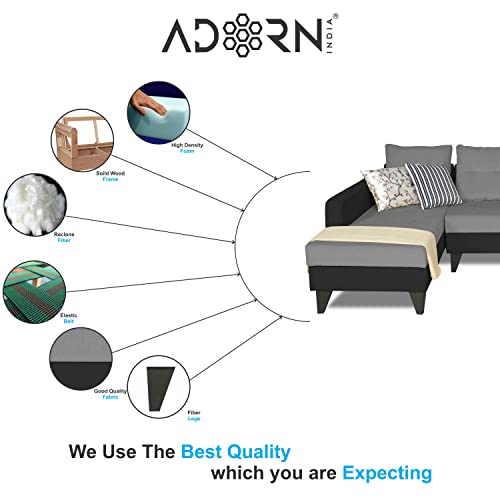 Image of Adorn India Maddox Plain Two Tone L Shape 6 Seater Sofa Set LHS (Grey & Black) (3 Year Warranty)