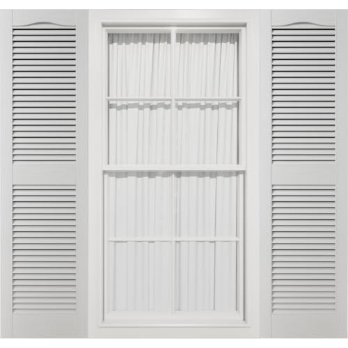 12"W x 29"H Mid-America Vinyl, TailorMade Cathedral Top Center Mullion, Open Louver Shutters, w/Installation Shutter-Lok's (Per Pair), 001 - White