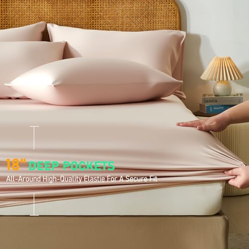 Image of 100% Viscose Derived from Bamboo Sheets Queen Size, Soft & Cooling Viscose from Bamboo Sheets Set, Organically Grown,Breathable & Soft Deep Pocket Up to 18 Inches(Light Pink)