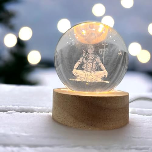 Image of 3D Shiva Crystal LED Ball USB Night Light, 6 Cm Glass Ball Night Lamp With Woodern Base, Decorations Gifts For Men & Women Meditation Or Relaxation