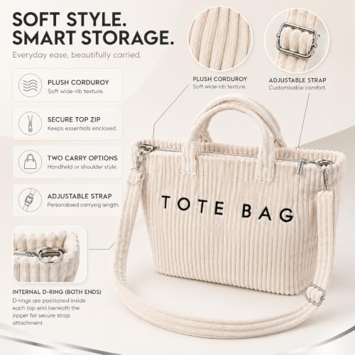 Image of Kawn Korean Tote Bag Aesthetic Corduroy Canvas Handbag for Women Zipper Casual Large Capacity Shoulder Bag with Pockets Versatile Everyday use for College Work Travel & Shopping
