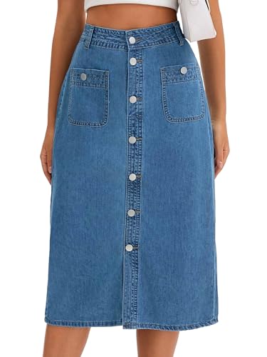 Women's Denim Skirt Button Down Front High Waist Pockets Midi Jean Skirts