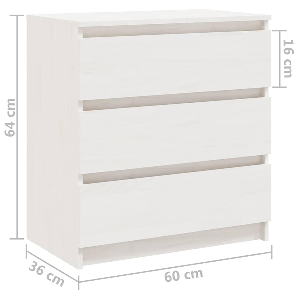 Nachttische 2er Set Weiß 60x36x64 cm aus Massivholz Kiefer Schrank mit 3 Schubladen für Schlafzimmer, Kinderzimmer, Gästezimmer, platzsparend, modern, langlebig, einfach zu reinigen