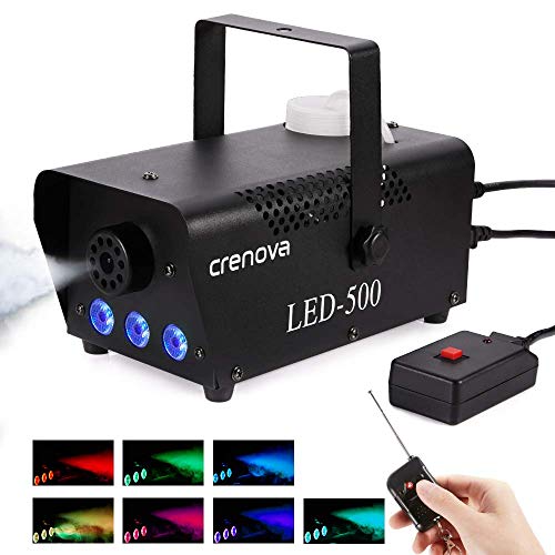 Fog Machine, 7 Color LED Lights, Crenova FM-03 Compact Portable Smoke Machine, Wireless Remote, Best Mist Machine for Halloween Party Festival Wedding Stage Effect, 500W-Black