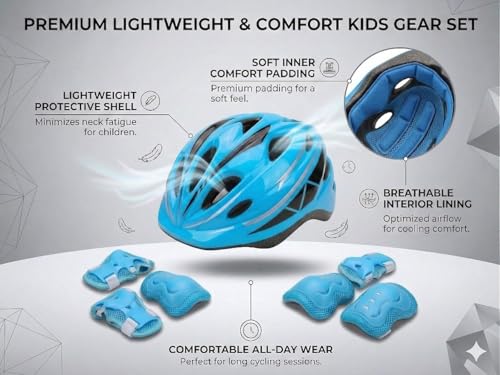 Image of JERN 7 Pieces Kids Children Roller Skating Bicycle Cycling Scooter Helmet Knee Elbow Pad Wrist Guard Set (Blue)