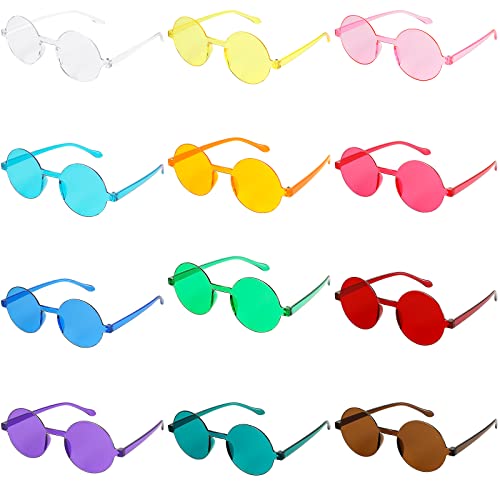 Sumind 12 Pairs Round Rimless Sunglasses Transparent Candy Colorful Frameless Tinted Eyewear Glasses for Women Men Party