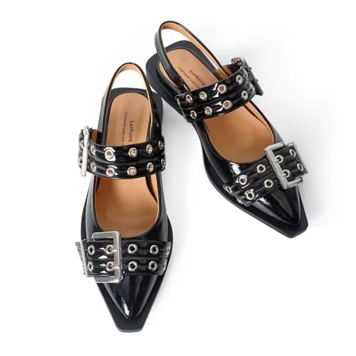 Lunhonk Black Slingback Flats for Women, Buckle Ballet Flats with Close Toe Pointed Toe Block Heel Dress Flat Shoes 5