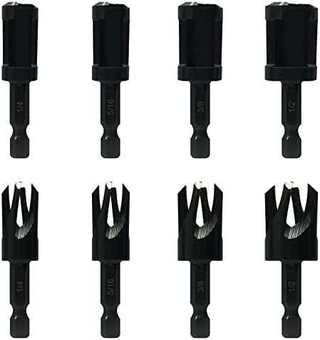 Wood Plug Cutters, 4 pcs Straight Wood Plug Cutters & 4 pcs Tapered Plug Cutters Set with 1/4 Hex Shank, Taper Cutting Tool Cork Drill Bit Knifes in 4 Sizes 1/4", 5/16", 3/8", and 1/2" Black