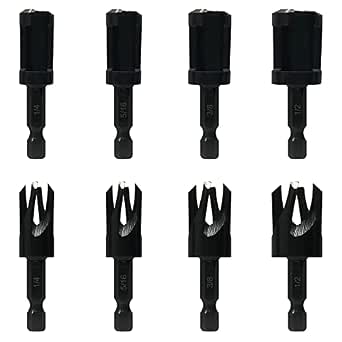 Wood Plug Cutters Set with 4 Straight and 4 Tapered Sizes, 1/4