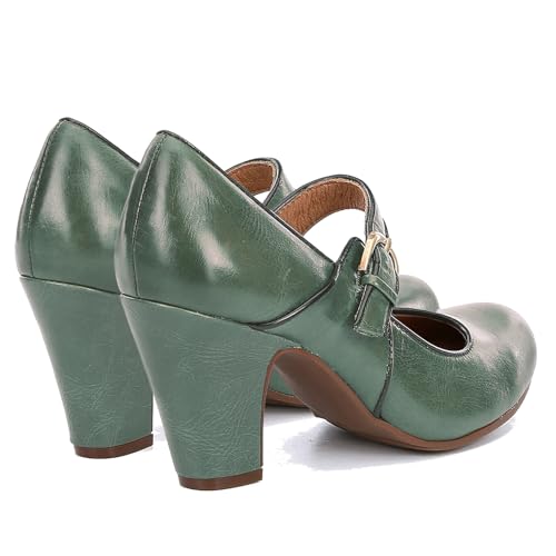 Image of SHODENSE Women Vintage Chunky High Heel Mary Jane Shoes Round Closed Toe Ankle Strap Dress Sandals 3 inch Block Heels Mary Jane Lolita Pumps Two-Toned Patchwork Buckle Office Lady Wedding Retro 4-11 M US