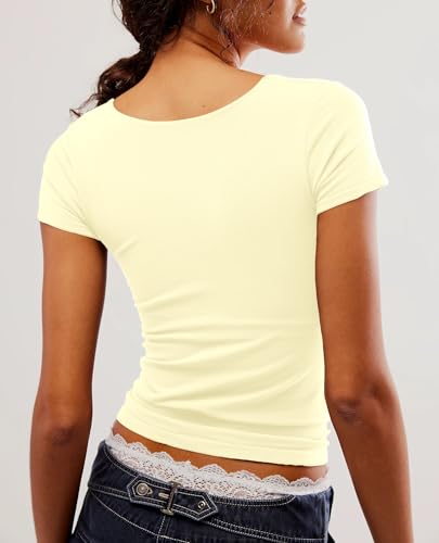 BAIGRAM Women Square Neck Crop Top Short Sleeve T Shirts Slim Fitted Going Out Tops Y2K Cute Summer Basic Tees Trendy2