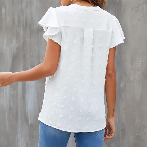 Satohom Camisa de gasa para mujer, manga corta con volantes, para verano, playa, vintage, cuello en V, blusa casual suelta para mujer, camiseta básica para mujer elegante, color blanco, negro, rosa