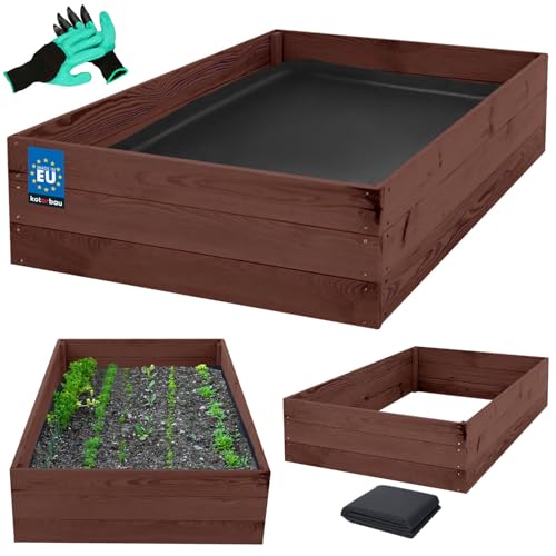 KOTARBAU Fioriera profonda in legno, 120 x 100 x 27 cm, impregnata, colore marrone, aiuola rialzata, aiuola rialzata, per giardino, ortaggi, ortaggi e guanti con artigli