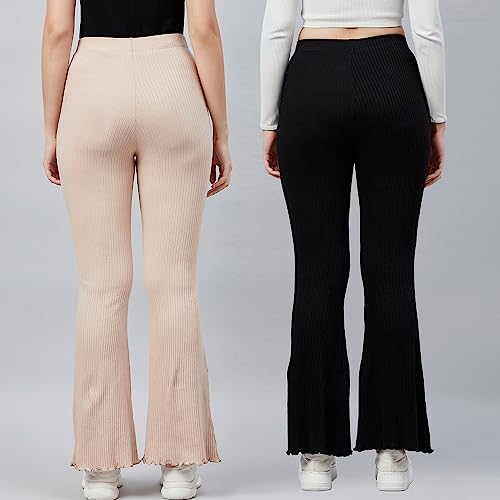 Image of BLINKIN Women's Stretch Fit Mid Rise Ribbed Stretchable Flared Pants | Boot Cut Bell Bottom Pants - Ideal for Yoga & Gym Wear,Casual Wear & Office Wear Trousers