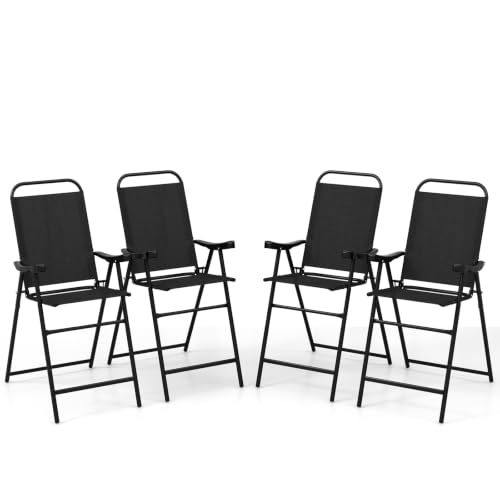 Image of COSTWAY 4 Pieces Patio Folding Bar Chairs with Metal Frame, Footrest, Arms | Outdoor Counter Height Bar Stools with High Backrest, High Top Chairs for Balcony, Garden, Deck, Porch & Poolside (Black)