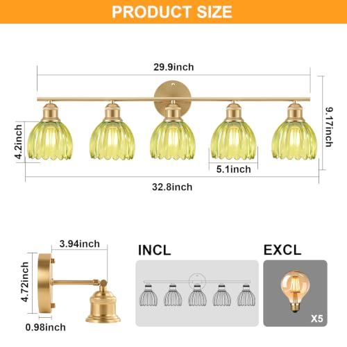 Image of Bathroom Light Fixtures, 5-Light Brushed Gold Vanity Lights for Bathroom with Green Tulip Glass Shade, 30 inch Vintage Bathroom Vanity Lighting Fixtures Over Mirror for Bedroom Living Room Hallway