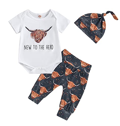 Image of SAYOO Western Newborn Baby Boys Cowboy Outfit Cow Print Letter Bodysuit Long Leggings Cap 3pcs Infant Boy Country Clothes