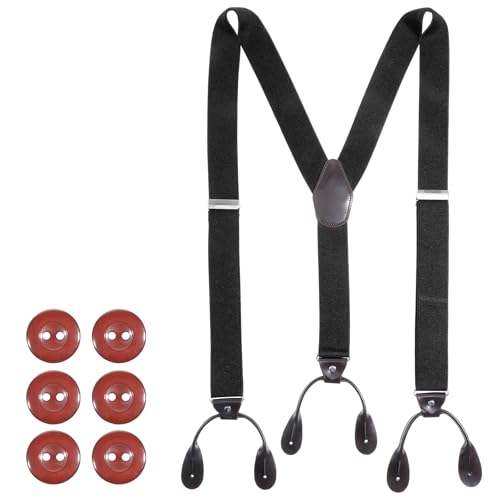 Josojoou Men’s Adjustable Y-Back Suspenders – 1.4 Wide Elastic Button Braces with Leather Ends, Formal Work & Wedding Accessory, Heavy Duty Comfortable for Suit, Tuxedo & Dress Pants