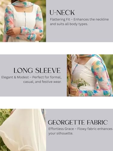 Image of Anveri Textiles Women's Elegant White Anarkali Dress with Floral Printed Dupatta | Long Flared Ethnic Gown | Party Kurti Set