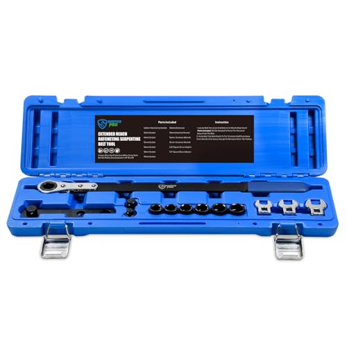 SMOTIVEPRO 13-Piece Extended-Reach Ratcheting Serpentine Belt Tool Kit with Reversible Ratcheting Wrench, Drive Adapters, 6-Point Sockets and Crowfoot Wrenches