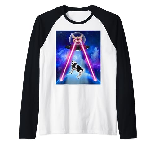 Space Cat Laser Eyes On UFO Abduction Cow In The Galaxy Camiseta Manga Raglan