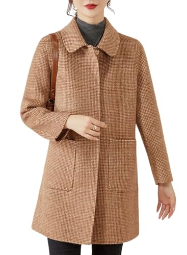 Image of CHARTOU Winter Plaid Wool Coat for Women Lapel Collar Casual Short Trench Pea Coat with Pockets (Large,Brown)