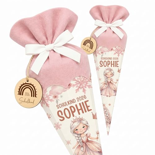Kidsmood personalisierte Schultüte inkl. Rohling Filz-Stoff & Holzschild Zuckertüte als Geschenk zur Einschulung Mädchen & Jungen Einschulungsgeschenk für Schulkind 2026 - Prinzessin (Rosa)
