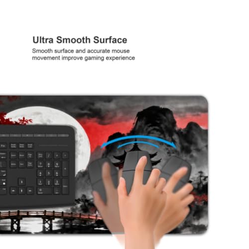 Image of Black Red Japanese Mouse Pad 35.4x15.7 XXL Mountain Moon Watercolor Design Extended Large Mousepad Keyboard Mouse Mat Desk Pad with Non-Slip Rubber Base Stitched Edges for Home Office Game