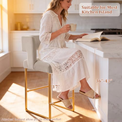 Image of Counter Height Bar Stools Set of 2, Taupe Velvet Bar Chair Gold Leg | 26 inch Seat Height Fits Standard Kitchen Islands, Upholstered Barstools, Back Support, Square Metal Legs, Footrest