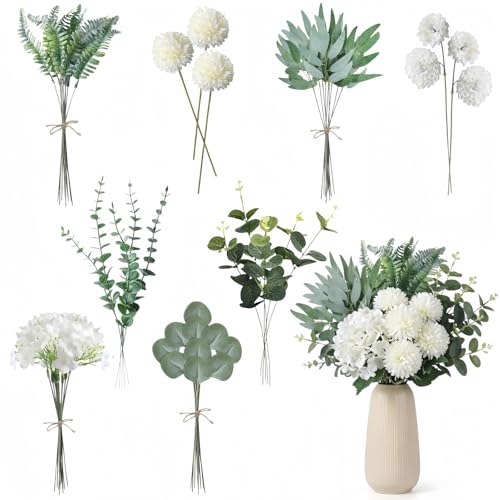 55 Pièces Fausse Fleur Artificielle, 8 Différentes Bouquet de Fleurs Artificielles, Eucalyptus Artificiel pour DIY Bouquet Mariée, Decoration Mariage, Deco Salon, Bureau, Maison, Table, Fête & Baptême