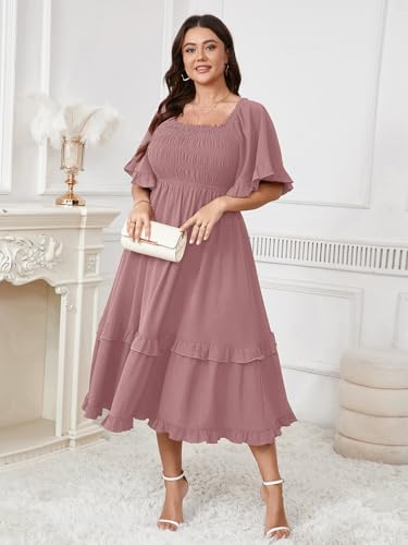 Image of SCOMCHIC Women's Plus Size Maxi Dresses Summer Short Sleeve Square Neck Smocked Wedding Guest Cocktail Boho Long Dress