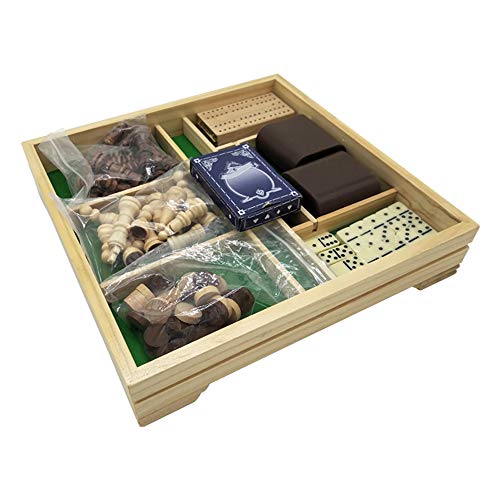 Deluxe 7 in 1 Board Game Set - Chess Set, Checkers, Backgammon, Dominoes, Playing Cards, Poker Dices and Cribbage - by KAILE