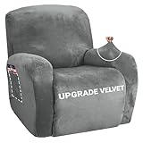 ZNSAYOTX Stretch Velvet Recliner Cover 4-Pieces, Thick Soft Recliner Chair Slipcover with Pocket, Non-Slip Elastic Bottom for Kids Pets, Luxury Plush Reclining Protector Comfy Washable (Grey)