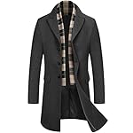 COOFANDY Men's Wool Blend Coat with Detachable Plaid Scarfs Notched Collar Single Breasted Pea Coat Trench Overcoat