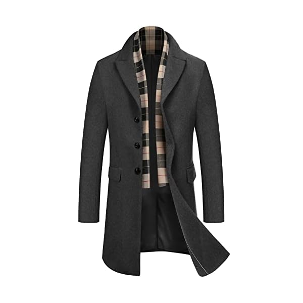 COOFANDY Men's Wool Blend Coat with Detachable Plaid Scarfs Notched Collar Single Breasted Pea Coat Trench Overcoat