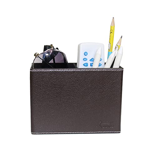 Fosinz ペン立て ペンスタンド 2仕切 PUレザー メガネスタンド 卓上収納 机上用品 小物入れ デスク上収納 子供部屋 書斎 (ブラウン)