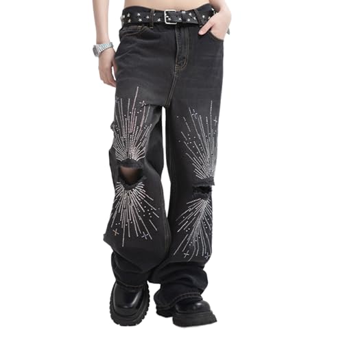 Rhinestone Jeans Men Y2K Baggy Ripped Bedazzled Denim Pants Streetwear Wide Leg Bling Bottoms Glitter Hip Hop 2000s