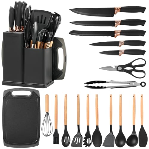 Vortix 19 Piezas Juego de Utensilios de Cocina de Silicona, Juego de Cuchillos Cocina con Soporte, Cuchara Silicona con Mango de Madera, Resistente al Calor Antiadherente