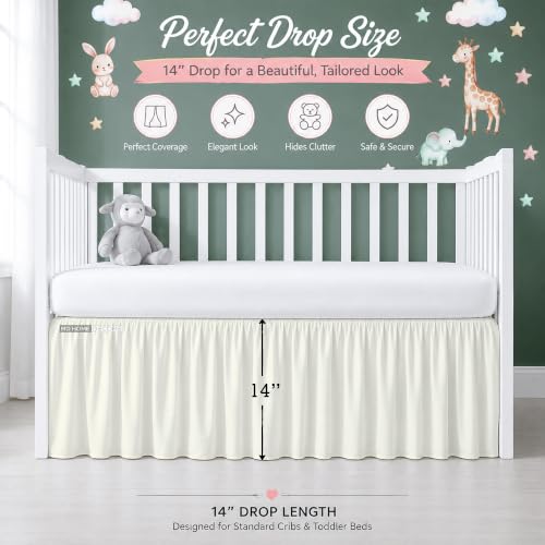 Image of Crib Bed Skirt Dust Ruffle with Split Corners Cotton, 14 inch Drop, Ivory | Nursery Standard Crib Bedding Bed Skirt for Baby Boys and Baby Girls. Hides Under-Crib Storage for a Neat Appearance