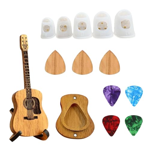 GUTERTOP 7 Stück Gitarren Plektrum, 1 Stück Plektren Gitarre Holz Box, Guitar Picks, 5 Stück Fingerkissen für Akustik E Bass Gitarren Ukulelen Liebhaber Zum Jahrestag und Geburtstag
