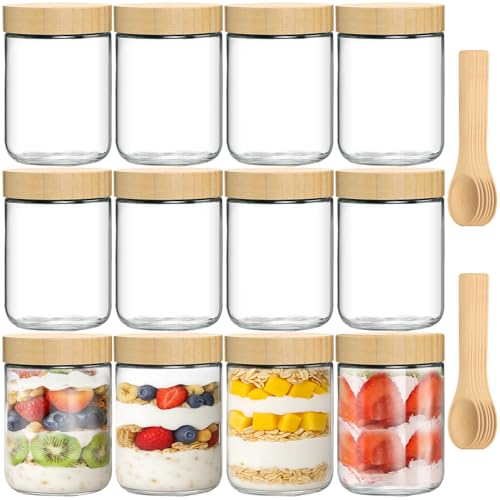 TBWIND 12 Pack 16oz Overnight Oats Containers with Airtight Bamboo Lids