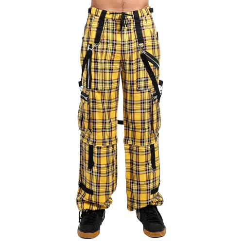 Men's Yellow Tartan Plaid Pants Punk Gothic Slim Fit Checkered Casual Trousers