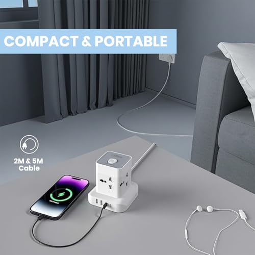 Image of EMBOX Cube Extension Board with USB Type C | 2500W Extension Board with Switches | Extension Cord with 4 Universal Sockets Safety Shutter & Overload Protector (Power Hub - 5mtr)