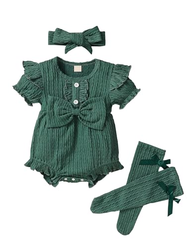 Image of puseky Newborn Baby Girl Clothes 3Pcs Ruffled Sleeve Romper Solid Bodysuit Jumpsuit with Matching Headband and Socks