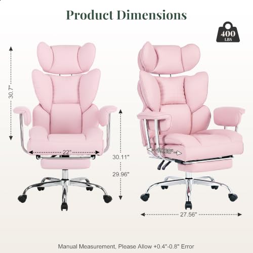 Image of Big and Tall Office Chair 400 LBS, Scratch-Resistant PU Leather Executive Ergonomic Desk Chair with Footrest, Lumbar Support, Wide Reclining Computer Seat for Home Office, Pink