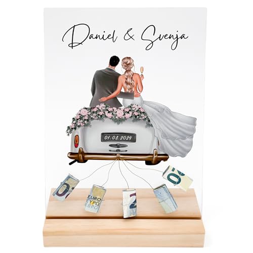Hochzeitsgeschenk Geld für Brautpaar personalisiertes Acrylglas mit Hochzeitsauto Geldgeschenk Verpackung zur Hochzeit Geschenk inkl. Holzfuß 20x30 cm (Hochzeitsauto + Brautpaar)